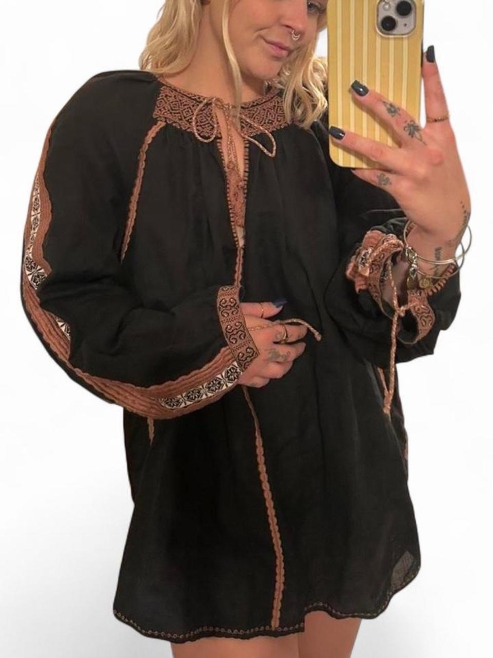 Free People Black Tunic Dress with Rust Embroidery